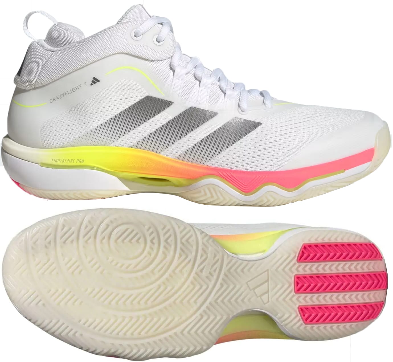 The adidas Crazyflight 7 Men's Indoor Tennis Shoes in Cloud White/Iron Metallic feature gray stripes, neon yellow and pink accents, a BOOST midsole for responsive cushioning, and circular pink-highlighted tread—ideal for indoor tennis.