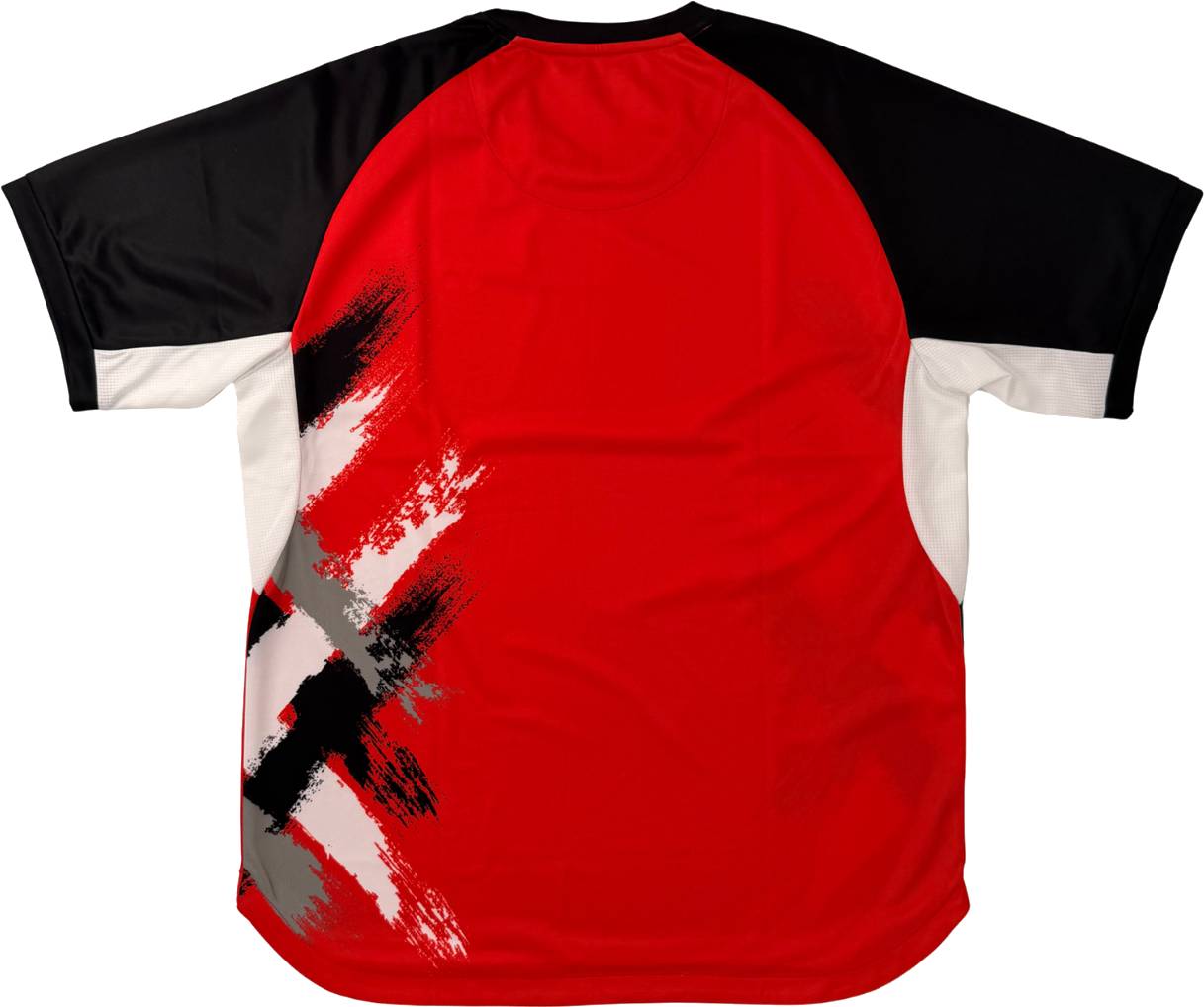 The Yonex YTM13 Men’s Tennis T-Shirt in red features black sleeves, white side panels, and striking black, white, and gray brushstroke accents on the lower left side—a stylish court top from Yonex that’s perfect for any men’s tennis shirt collection.