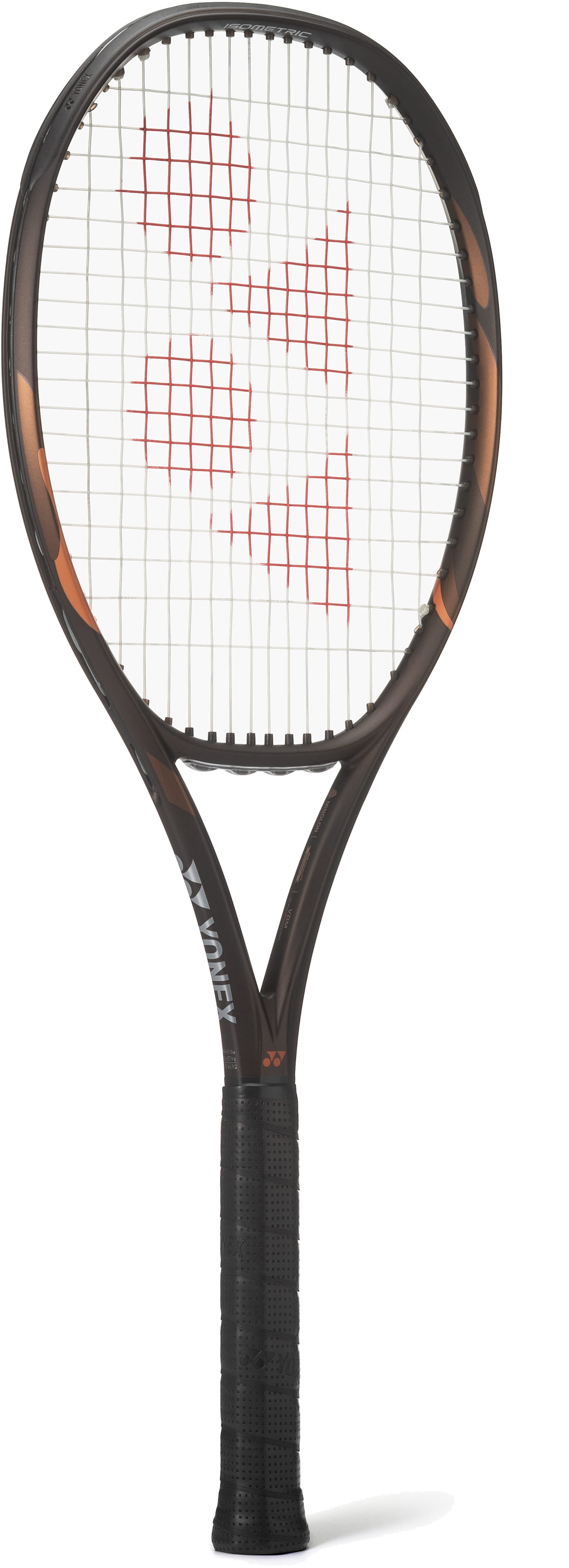 A Yonex EZONE 98 Tour Espresso Brown 2026 tennis racket with a red string pattern and white background, featuring the Yonex logo on the strings and frame. Enhanced with 2G-Namd Speed technology for improved power and responsiveness.
