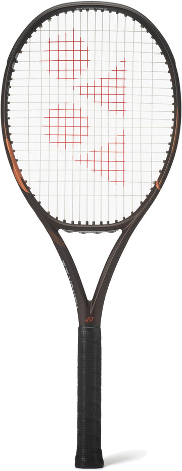 The Yonex EZONE 98 Tour Espresso Brown 2026 Tennis Racket is a black and brown professional racket with a black grip and red logo on the strings, featuring advanced 2G-Namd Speed technology from Yonex, photographed on a white background.