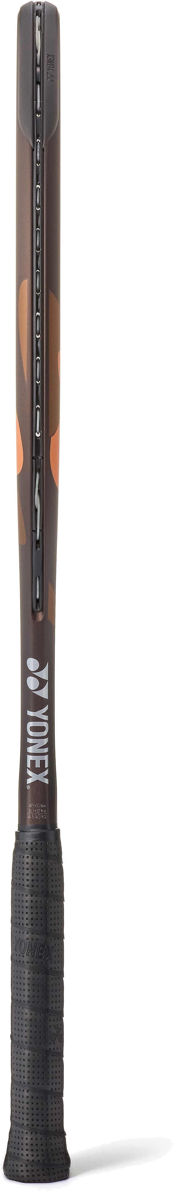 A professional tennis racket displayed vertically with the strings facing forward, featuring a black grip, dark frame, and orange accents—the Yonex EZONE 98 Tour Espresso Brown 2026 Tennis Racket from Yonex incorporates advanced 2G-Namd Speed technology for enhanced performance.