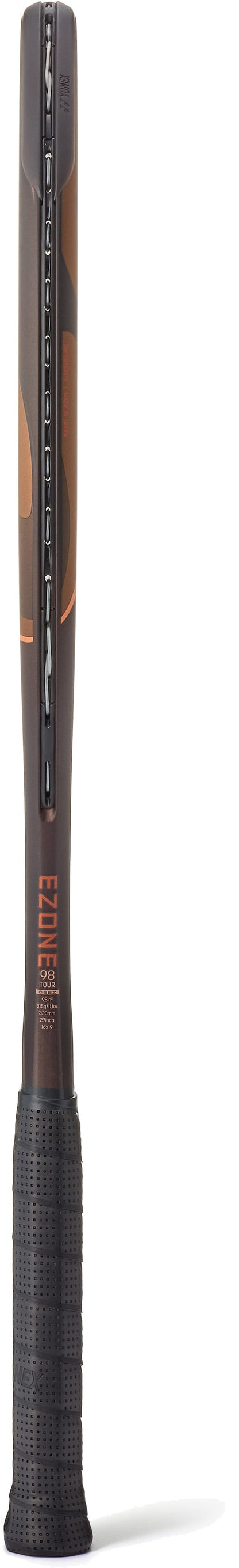 A professional tennis racket, the Yonex EZONE 98 Tour Espresso Brown 2026, is shown from the side with a black and brown frame and a black textured handle grip. This Yonex racket features advanced 2G-Namd Speed technology, with partially visible strings and brand markings.