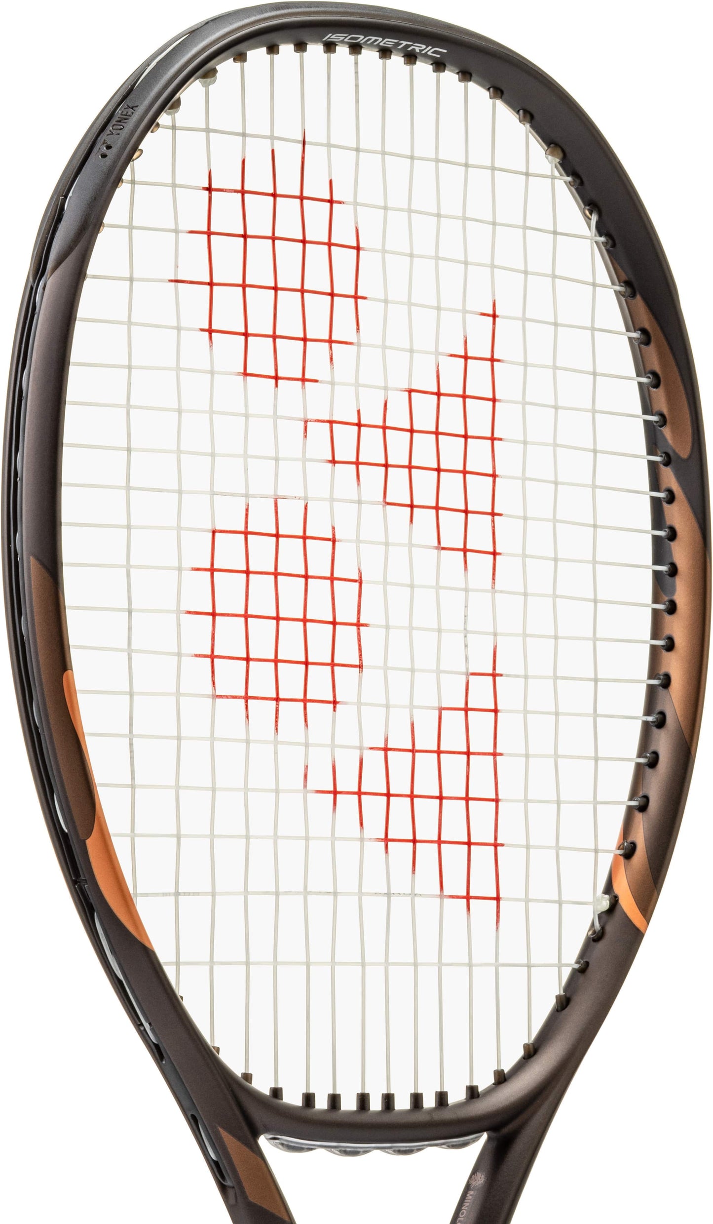 A close-up of a Yonex EZONE 98 Tour Espresso Brown 2026 Tennis Racket, featuring a black and bronze (espresso brown) frame with white strings and a red pattern, designed with advanced 2G-Namd Speed technology for enhanced performance.
