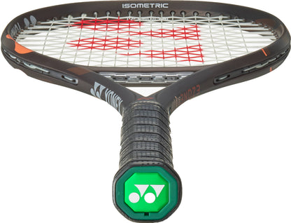 Close-up of a Yonex EZONE 98 Tour Espresso Brown 2026 tennis racket, highlighting the black grip, green butt cap with the Yonex logo, and strings that display a red pattern featuring advanced 2G-Namd Speed technology.