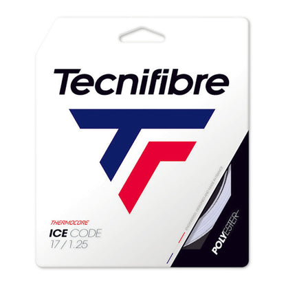 Packaging for Tennis HQ's Choose Strings tennis strings, featuring a large stylized "T" logo in blue and red. The package highlights "Thermocore" technology and "Polyester," with specifications 17/1.25.