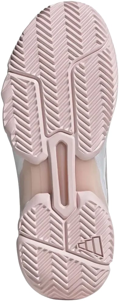 Close-up of the light pink sole on the adidas CourtJam Control 3 Womens Tennis Shoes in Cloud White/Silver Metallic/Lucid Pink, showing a textured herringbone tread and geometric heel cutout—perfect for hard-court play.