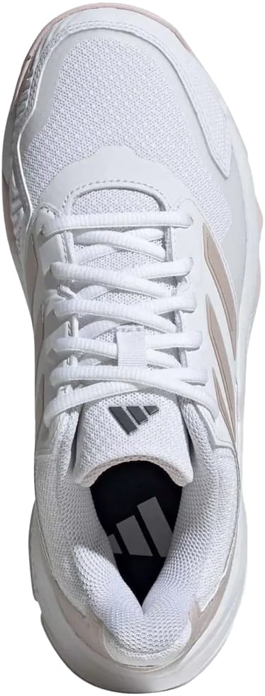 Top view of the adidas CourtJam Control 3 Womens Tennis Shoes in Cloud White/Silver Metallic/Lucid Pink, crafted with mesh and synthetic materials, lace-up closure, durable hard-court design, and a black insole with adidas logo.