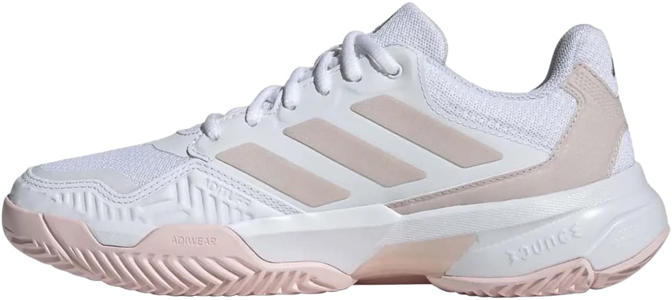 The adidas CourtJam Control 3 Womens Tennis Shoes in Cloud White, Silver Metallic, and Lucid Pink feature signature three stripes, mesh and synthetic uppers, a lace-up closure, and a grippy rubber sole ideal for hard-court tennis.