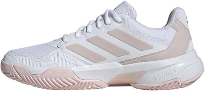 The adidas CourtJam Control 3 Womens Tennis Shoes in Cloud White, Silver Metallic, and Lucid Pink feature signature three stripes, mesh and synthetic uppers, a lace-up closure, and a grippy rubber sole ideal for hard-court tennis.
