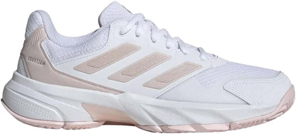 The adidas CourtJam Control 3 Women's Tennis Shoes feature a white mesh and synthetic build, silver and pink accents, iconic three stripes, a sturdy sole for hard-court play, and "COURTFLASH" branding on the heel.