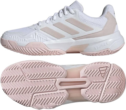 The adidas CourtJam Control 3 Womens Tennis Shoes in Cloud White, Silver Metallic, and Lucid Pink are shown side view with visible sole, featuring a textured rubber outsole for hard courts and the signature adidas three-stripe design.