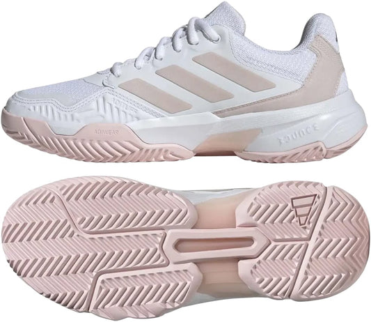 The adidas CourtJam Control 3 Womens Tennis Shoes in Cloud White, Silver Metallic, and Lucid Pink are shown side view with visible sole, featuring a textured rubber outsole for hard courts and the signature adidas three-stripe design.