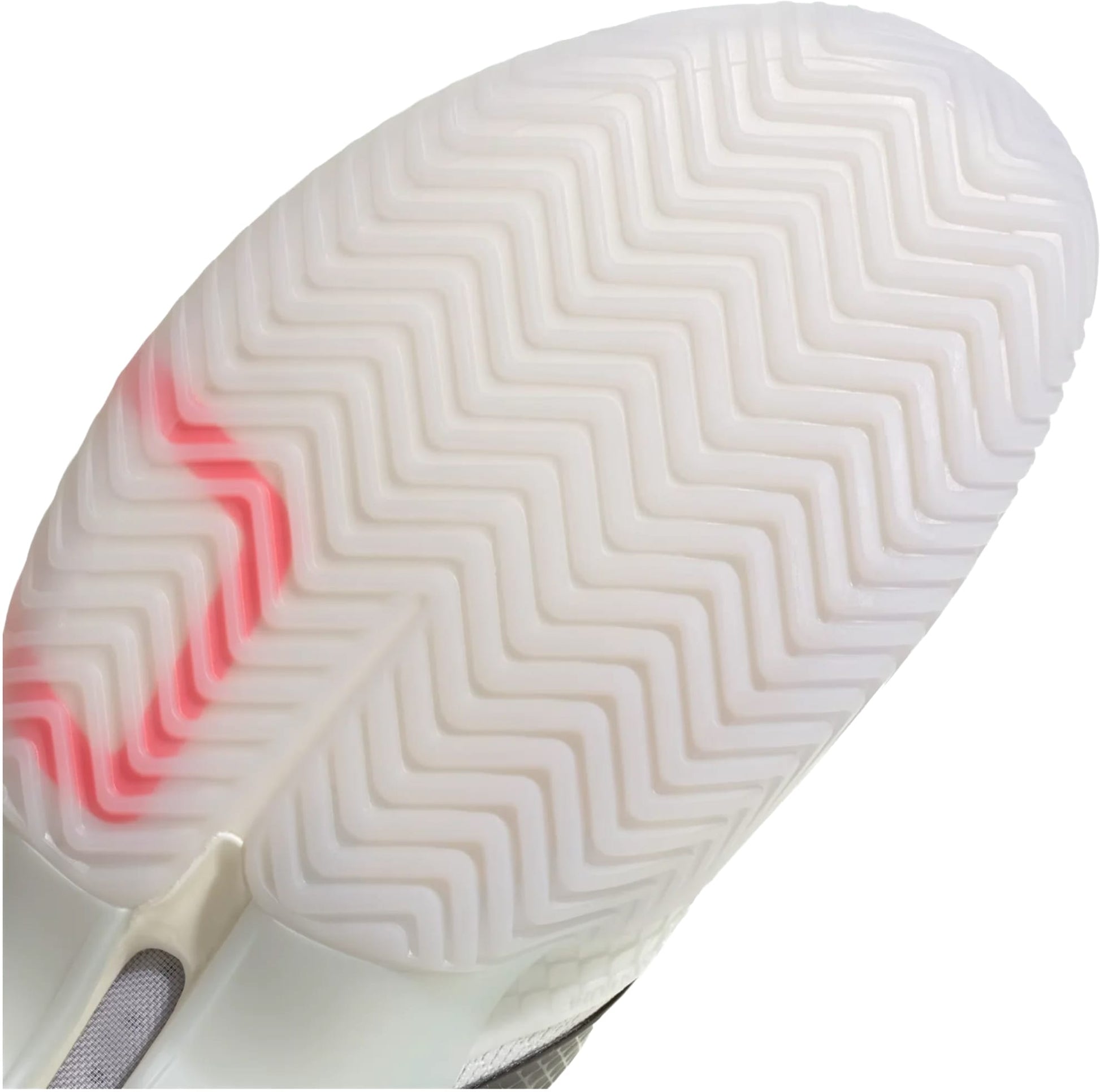 Close-up of the white, translucent sole of the adidas Barricade 14 WIDE Mens Tennis Shoes, showing a herringbone tread pattern and a pinkish-red accent at the heel.