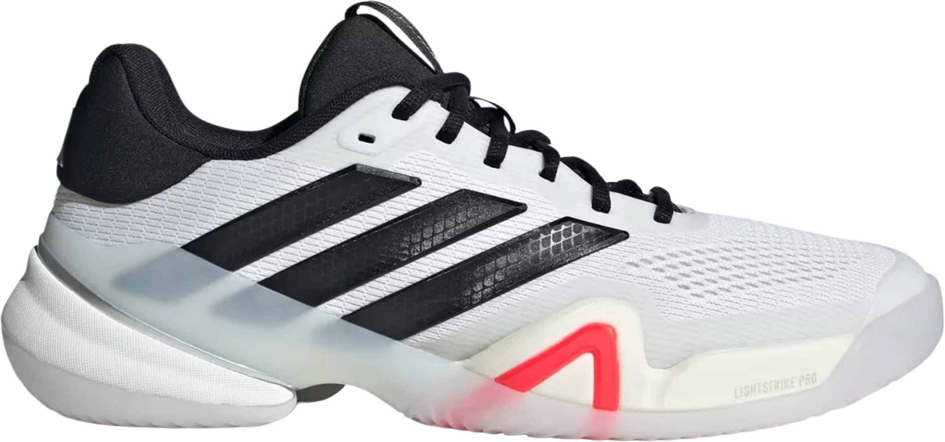 The adidas Barricade 14 WIDE Men's Tennis Shoes in white feature black laces, iconic black stripes, a mesh upper, thick white sole, and a translucent section with red accent near the arch for hard-court performance and style.