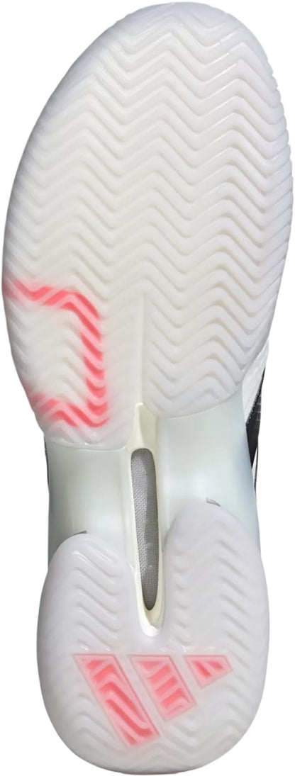 The image displays the white, translucent outsole of the adidas Barricade 14 WIDE Mens Tennis Shoes, featuring a herringbone tread pattern and pink accents near the toe and heel areas.
