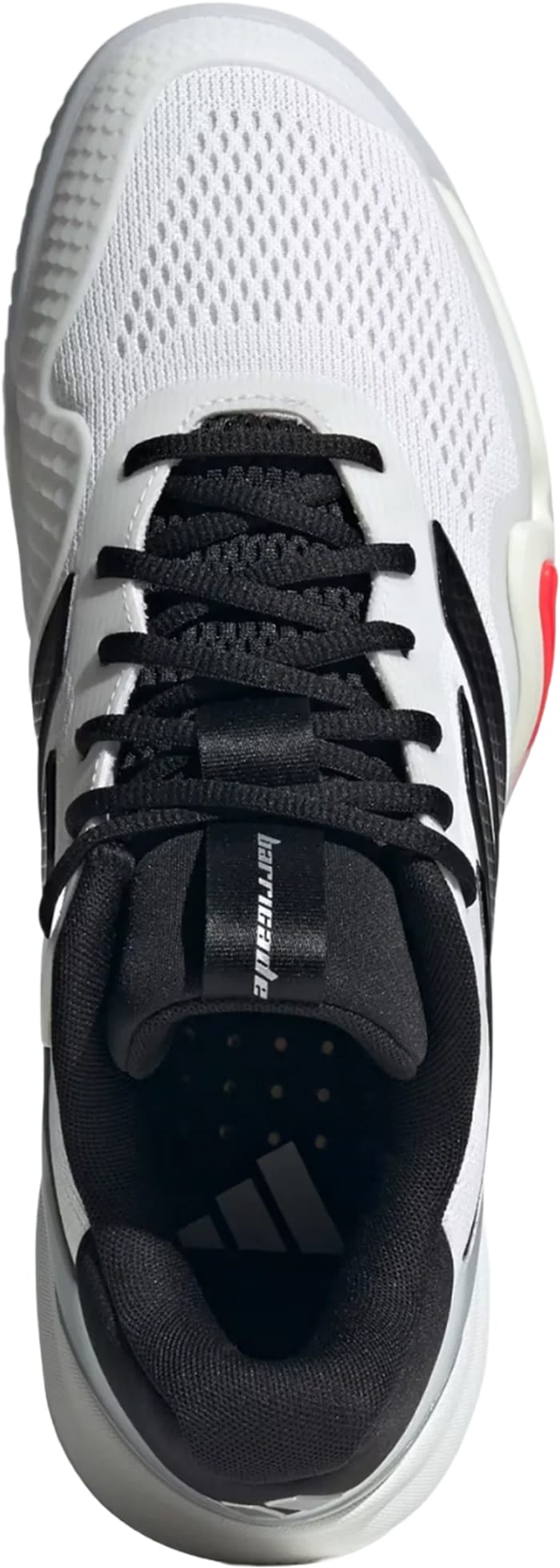 Top view of adidas Barricade 14 WIDE Men's Tennis Shoes in white, featuring black laces, mesh upper, red heel detail, and "TRAINING" on the tongue—perfect for those needing a wide hard-court tennis shoe fit.
