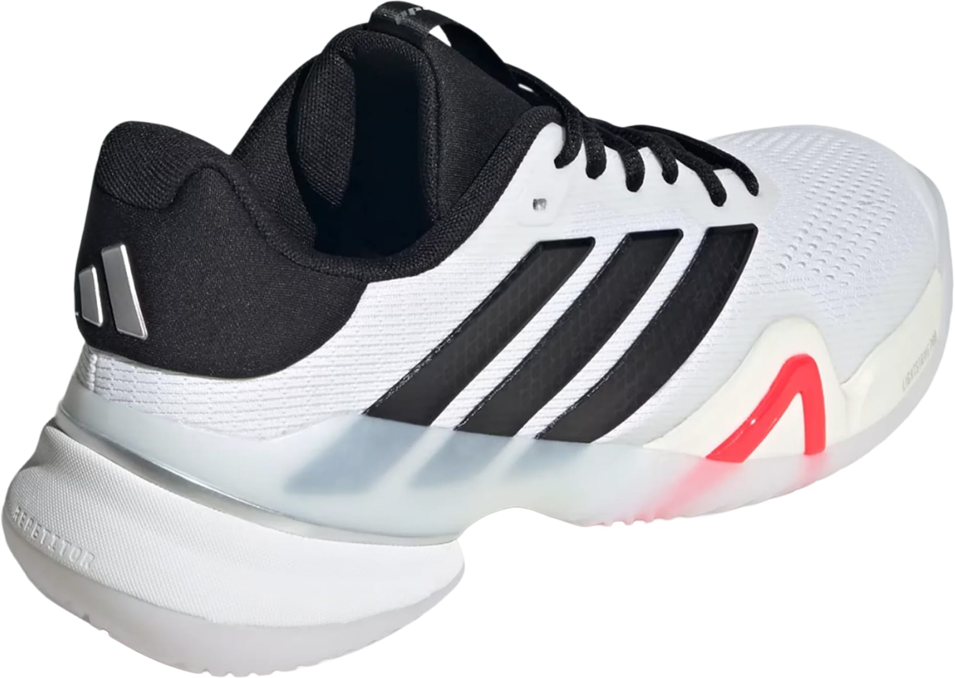 The adidas Barricade 14 WIDE Men's Tennis Shoes in white feature black laces, a black heel, three black stripes, and a translucent sole with red detail—ideal wide sneakers from adidas for hard-court tennis play.