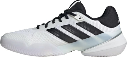 The adidas Barricade 14 WIDE Men's Tennis Shoes in white feature black laces, inner lining, and three stripes—ideal for players needing a wide, comfortable tennis shoe for hard-court performance.