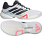 The adidas Barricade 14 WIDE Men's Tennis Shoes in white feature black stripes, black laces, a black heel, pink accents near the arch, and a herringbone tread—perfect wide tennis shoes for hard courts.