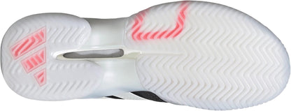 The image shows the translucent white outsole with a herringbone pattern and pink accents of the adidas Barricade 14 Men’s Tennis Shoes (Black), featuring a visible midfoot shank and pink markings near the heel and toe.