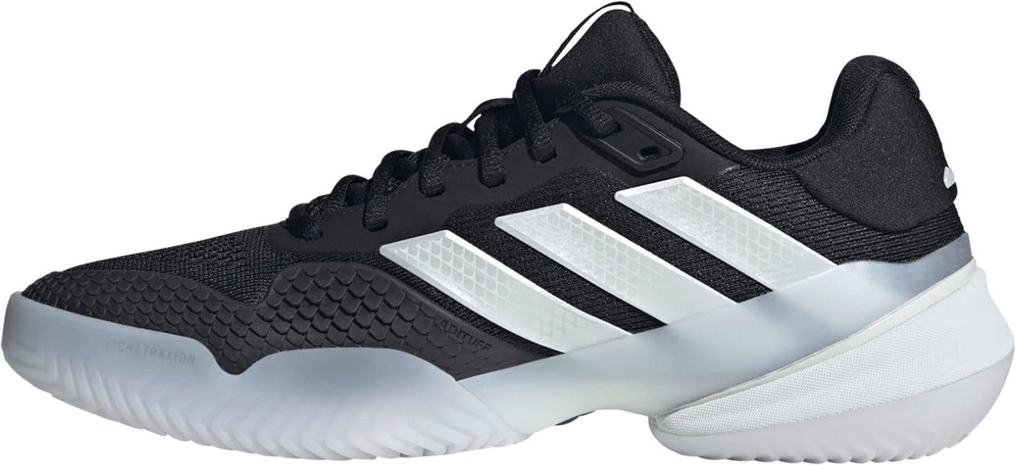 The adidas Barricade 14 Men's Tennis Shoe in black features signature white adidas stripes, a textured sole, and a white midsole, displayed in side profile against a white background.