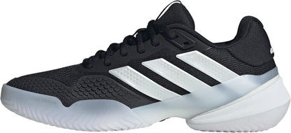 The adidas Barricade 14 Men's Tennis Shoe in black features signature white adidas stripes, a textured sole, and a white midsole, displayed in side profile against a white background.