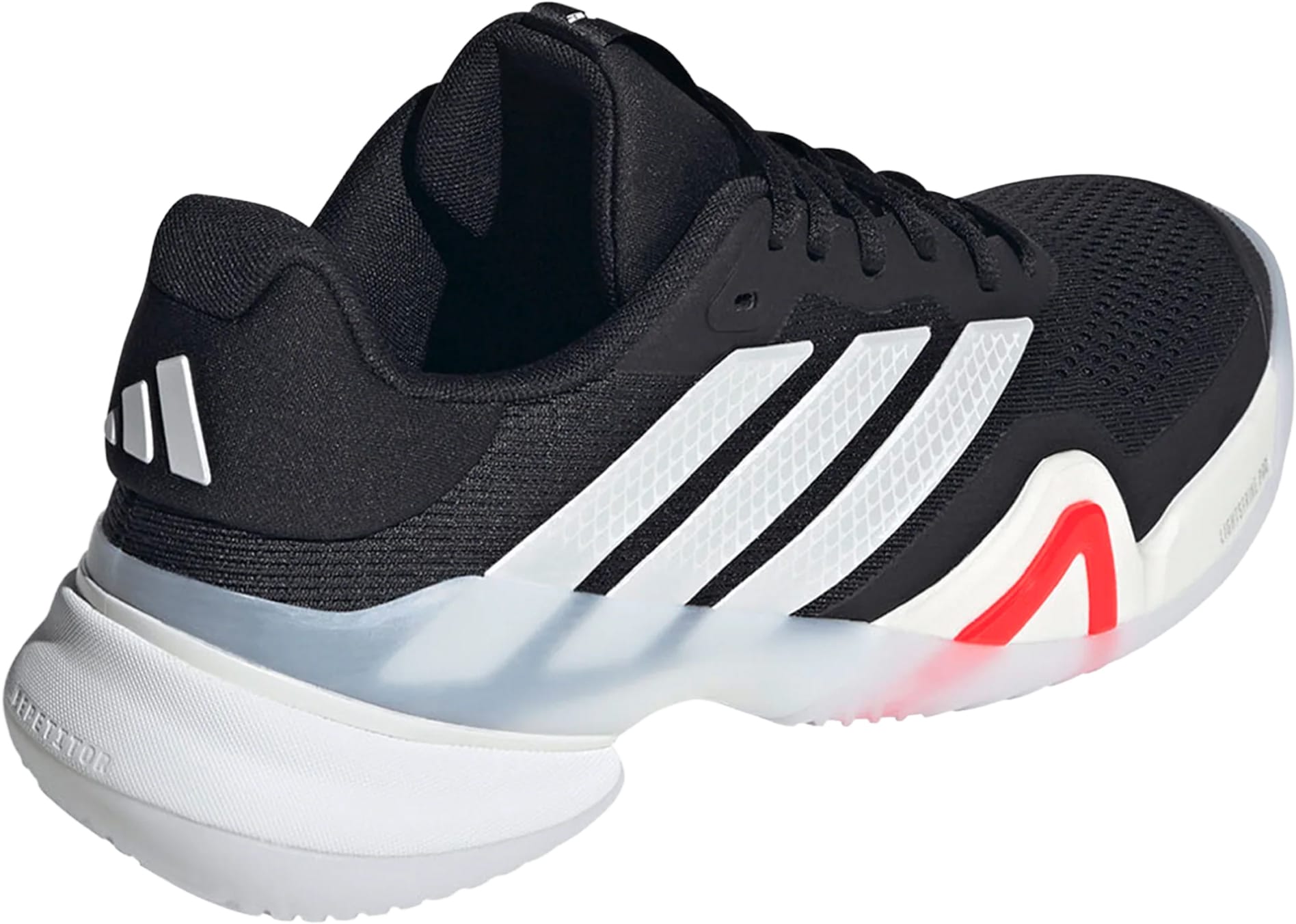 The adidas Barricade 14 Men's Tennis Shoes feature a black mesh upper with white stripes, a white and black sole, red midsole accents, and adidas branding on the heel, delivering a sporty look for hard-court play.