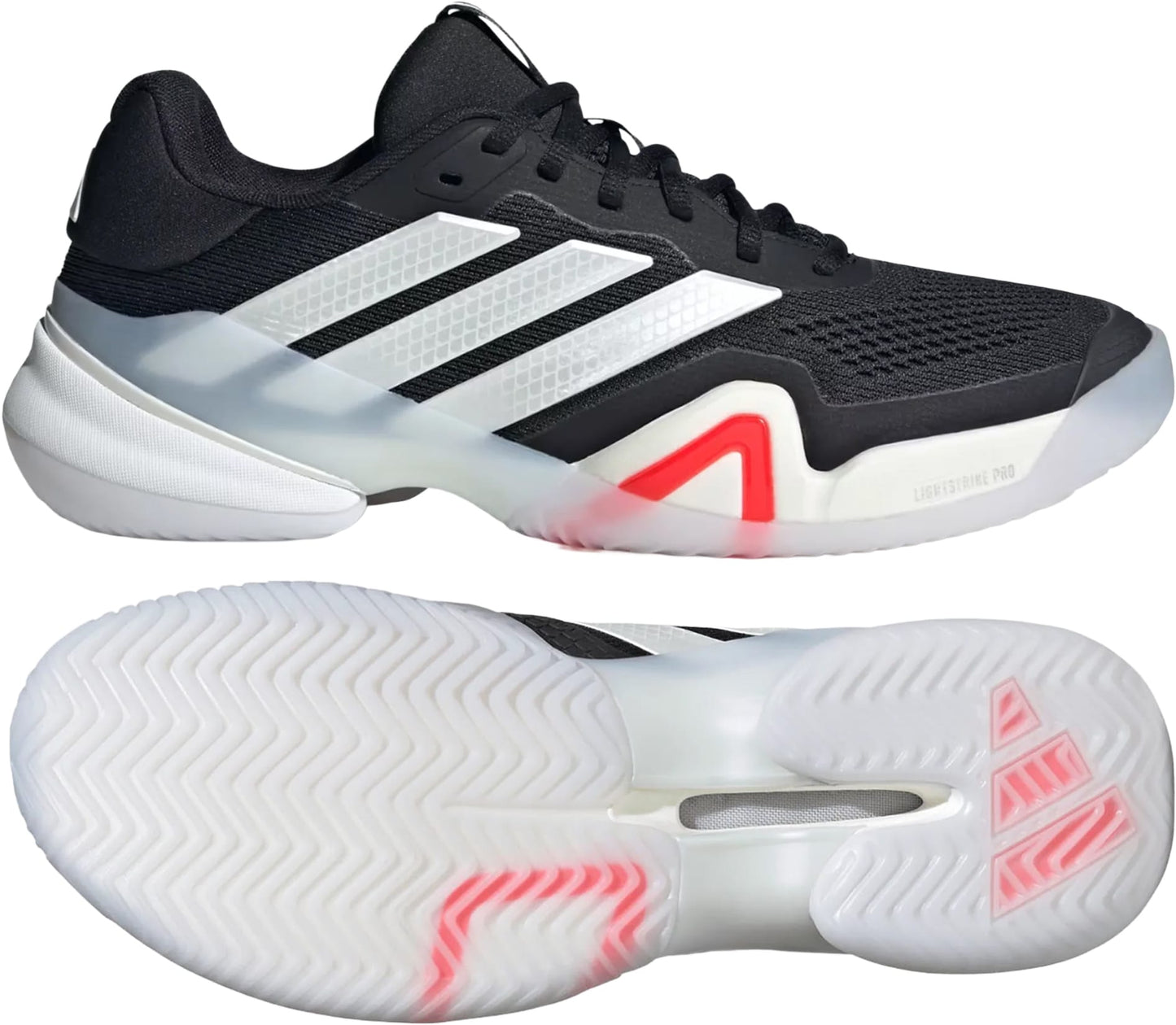 The adidas Barricade 14 Men's Tennis Shoes in black feature three white stripes, a thick white sole with red accents, and bold red highlights on the wavy tread pattern. One shoe is shown from the side and the other displays the sole.