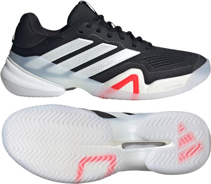 The adidas Barricade 14 Men's Tennis Shoes in black feature three white stripes, a thick white sole with red accents, and bold red highlights on the wavy tread pattern. One shoe is shown from the side and the other displays the sole.