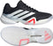 The adidas Barricade 14 Men's Tennis Shoes in black feature three white stripes, a thick white sole with red accents, and bold red highlights on the wavy tread pattern. One shoe is shown from the side and the other displays the sole.