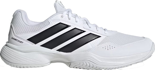 The adidas Gamecourt 3 Men's Tennis Shoes in Cloud White/Core Black feature black side stripes, a textured sole, "GAMECOURT" branding near the heel, and a lightweight design for versatile performance on and off the court.