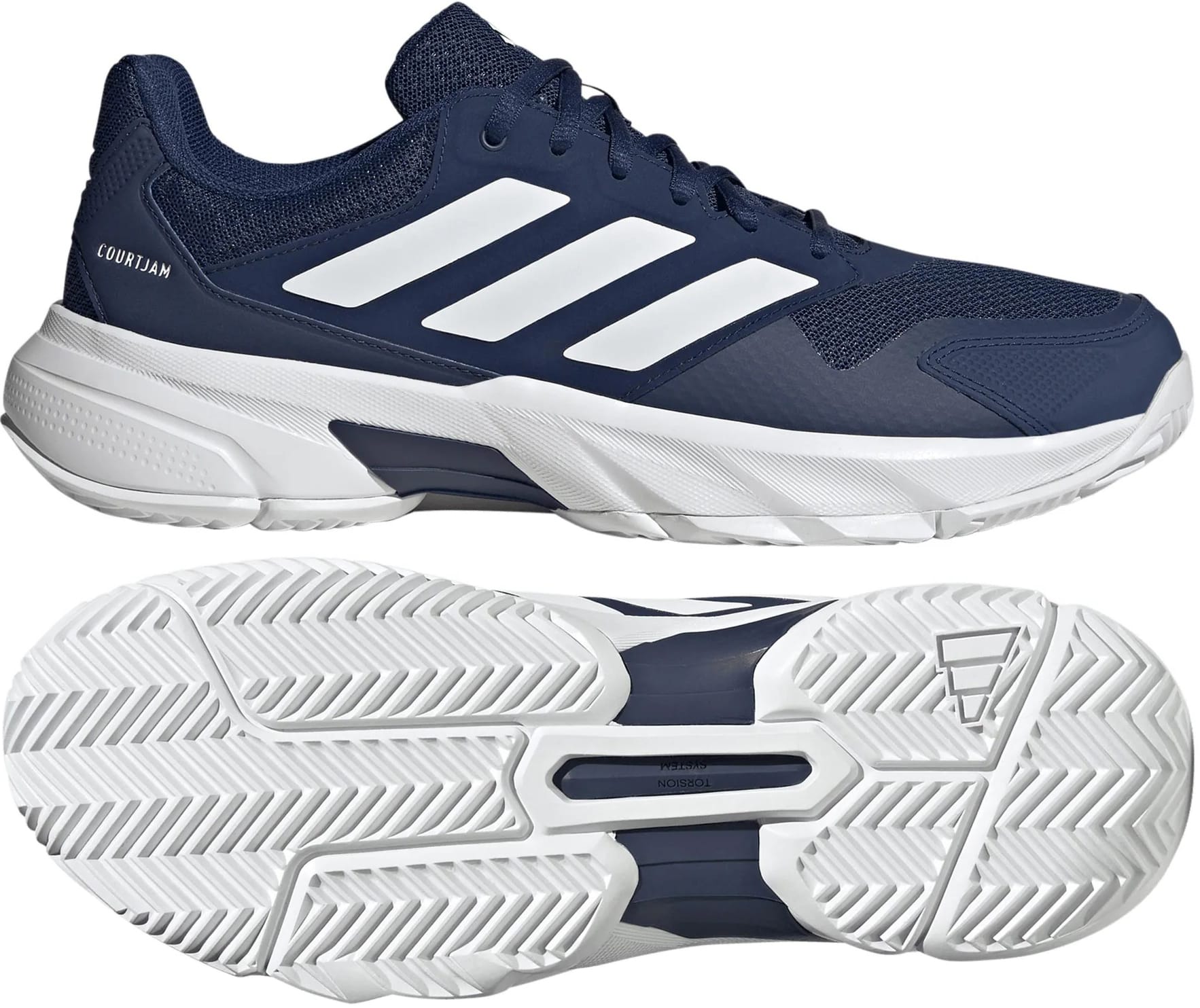 The adidas CourtJam Control 3 Men’s Tennis Shoes in Dark Blue and Cloud White feature a navy blue upper with three signature white stripes on the side and a contrasting white sole. Displayed from the side and bottom to showcase the tread pattern and design details, these shoes are engineered by adidas to provide enhanced stability for confident movement on the court.