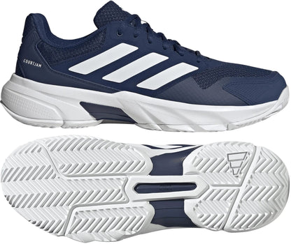 The adidas CourtJam Control 3 Men’s Tennis Shoes in Dark Blue and Cloud White feature a navy blue upper with three signature white stripes on the side and a contrasting white sole. Displayed from the side and bottom to showcase the tread pattern and design details, these shoes are engineered by adidas to provide enhanced stability for confident movement on the court.