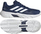 The adidas CourtJam Control 3 Men’s Tennis Shoes in Dark Blue and Cloud White feature a navy blue upper with three signature white stripes on the side and a contrasting white sole. Displayed from the side and bottom to showcase the tread pattern and design details, these shoes are engineered by adidas to provide enhanced stability for confident movement on the court.