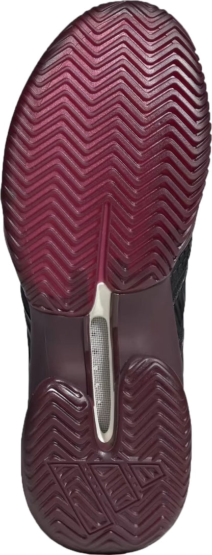 The image features the outsole of the adidas Barricade 14 Men’s Tennis Shoes in Core Black, Core Black, and Maroon, highlighting a black and maroon herringbone tread for enhanced traction and an exposed support structure—perfect for baseline players who prioritize stability on the court.