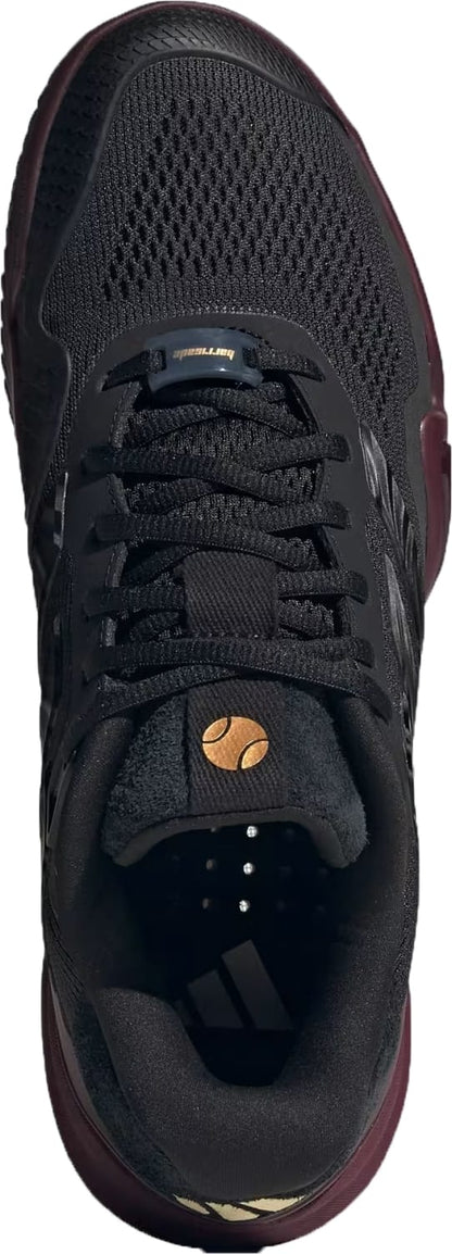 Top view of the adidas Barricade 14 Men’s Tennis Shoe in Core Black/Core Black/Maroon, featuring breathable mesh fabric, black laces, a gold logo on the tongue, and a maroon sole—ideal for baseline players seeking stylish performance.