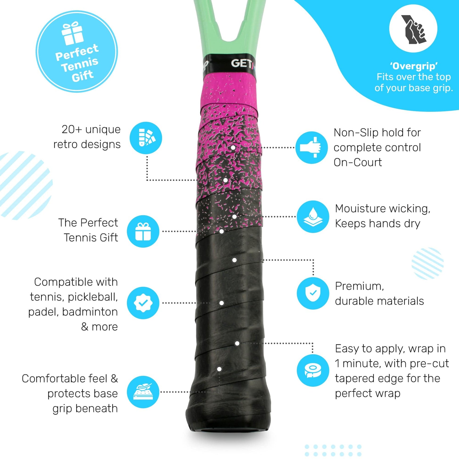 The Get a Grip Tennis Overgrip - Looking Sharp by Get A Grip features a pink and black design, non-slip hold, moisture wicking, easy application, and is compatible with various racquet sports—an ideal tennis gift.