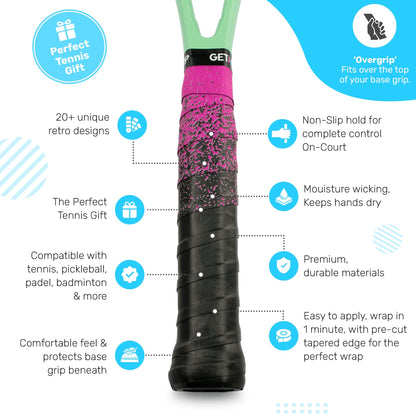 The Get a Grip Tennis Overgrip - Looking Sharp by Get A Grip features a pink and black design, non-slip hold, moisture wicking, easy application, and is compatible with various racquet sports—an ideal tennis gift.