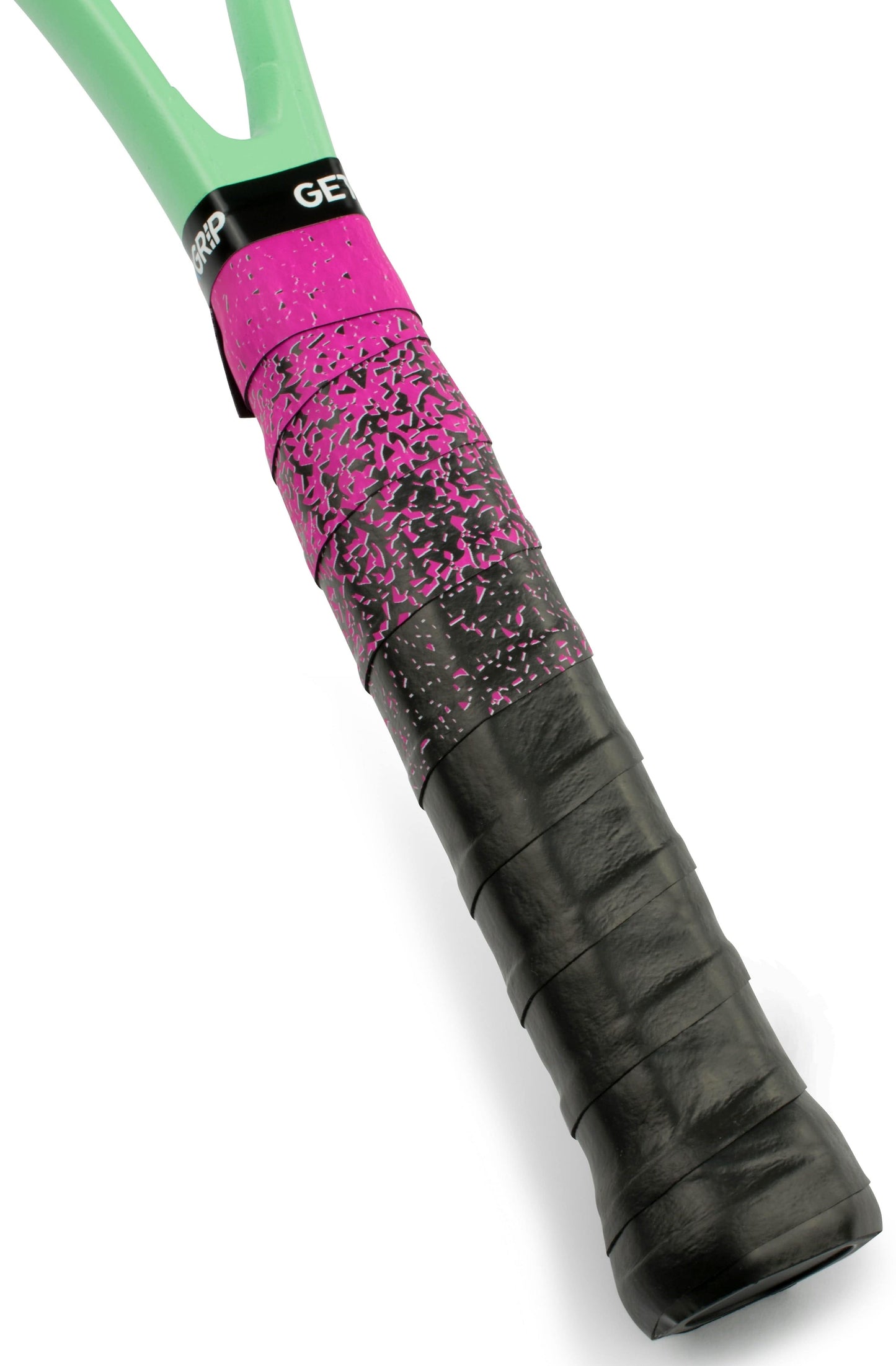 Close-up of a Get A Grip Tennis Overgrip – Looking Sharp, from Get A Grip, wrapped on a handle with its black and pink textured surface and part of a green racket frame—an ideal tennis gift for enthusiasts.