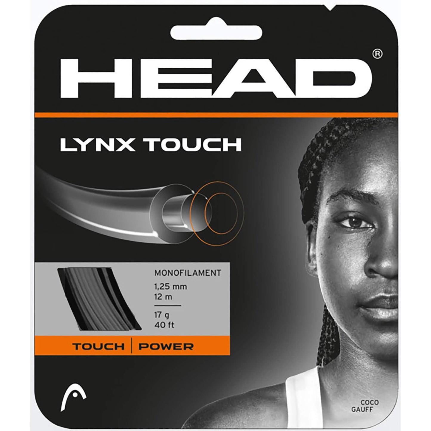 Packaging for Tennis HQ Choose Strings, featuring a close-up of a string graphic on the left, product details in the center, and part of a person's face on the right. Text includes specifications such as 1.25 mm, 12 m, 17 g, and 40 ft.