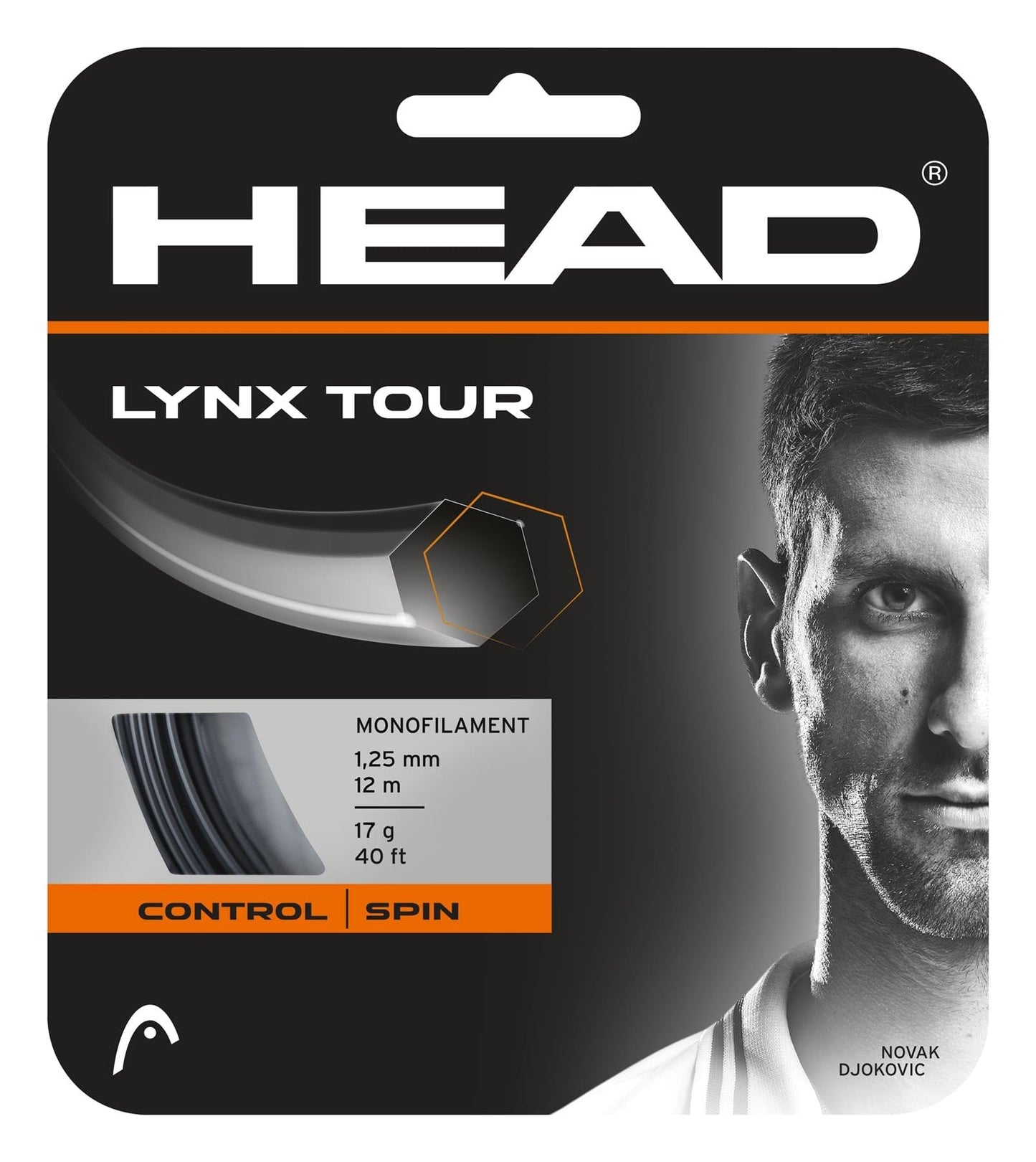 Packaging of Choose Strings by Tennis HQ showcasing a black and white image of a man on the right, alongside information about the string specifications and benefits, including control and spin, on the left.