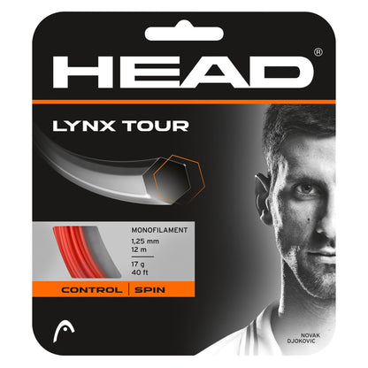 Packaging for Tennis HQ's Choose Strings features a partial portrait of a person and highlights its specifications: monofilament design, 1.25 mm thickness, available in 12 m (40 ft) length weighing 17 g. The design emphasizes control and spin with its predominantly black and orange color scheme.