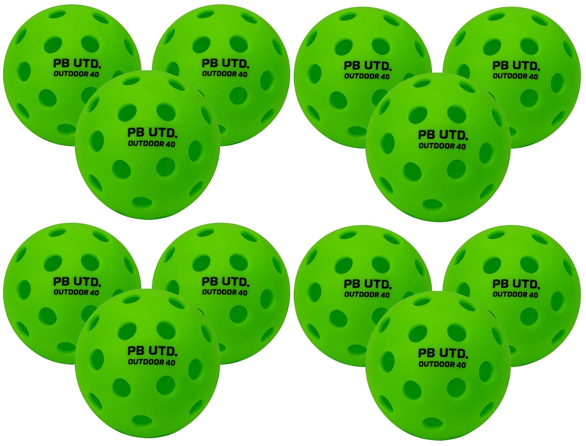 The Pickleball United Freedom 40 Outdoor Pickleball Ball set includes 12 high visibility green balls, each with multiple holes and "PB UTD. OUTDOOR 40" printed on durable TPU plastic. Brand: Pickleball United.