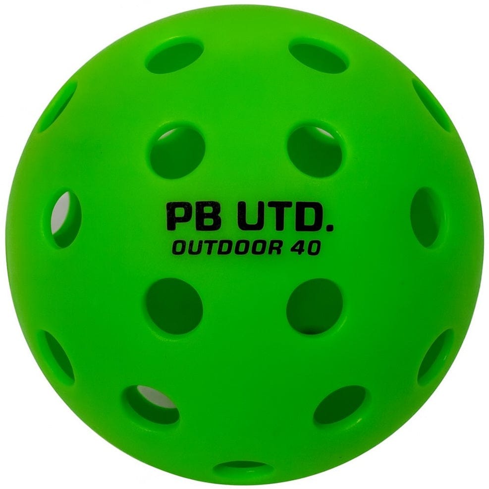 The Pickleball United Freedom 40 Outdoor Ball (12 Pack) is a bright green, high-visibility TPU ball with multiple holes and “PB UTD. OUTDOOR 40” printed in black on the surface.