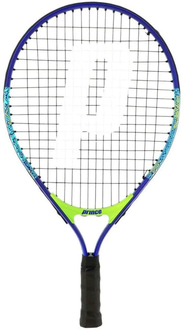 The Prince Ace/Face 19 Junior Tennis Racket features a blue and green design with black strings, a black grip, and a large white Prince "P" logo on the strings.