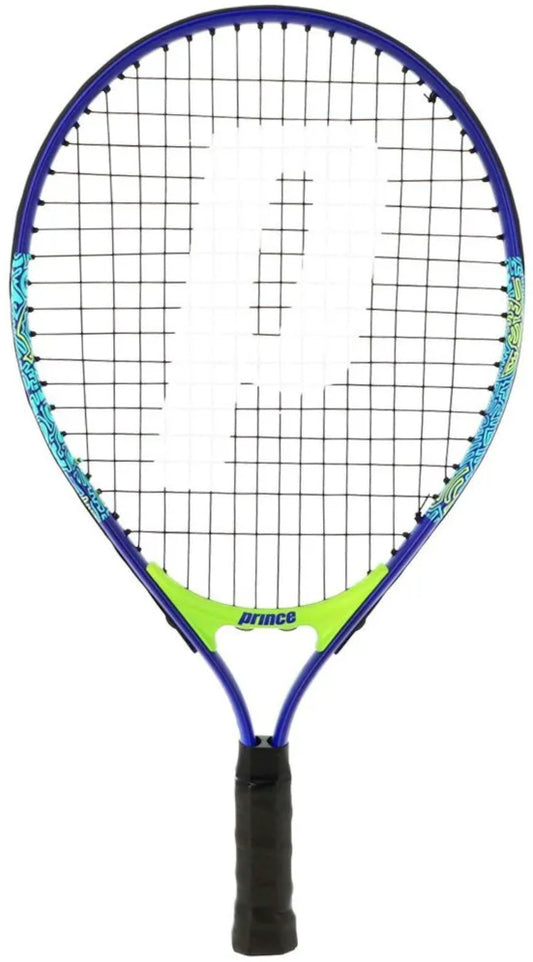 The Prince Ace/Face 19 Junior Tennis Racket in blue (G0) is ideal as a first racket for young players, featuring a black grip and large white "P" logo on the strings.