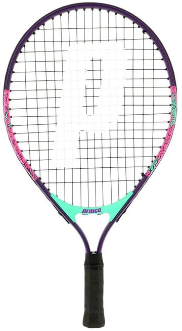 The Prince Ace/Face 19 Junior Tennis Racket by Prince features a purple and teal frame, black strings with a large white "P," "Prince" on the throat, and a black handle—ideal for young players seeking a quality kids tennis racket.