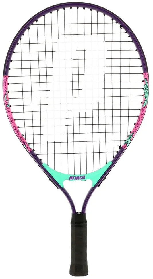 The Prince Ace/Face 19 Junior Tennis Racket - Pink - G0 by Prince features purple and pink colors, a black grip, teal accents, and a large white "P" logo—ideal for young players.