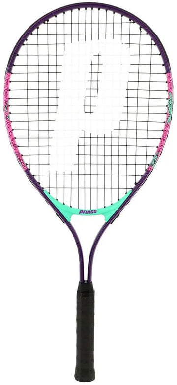 The Prince Ace/Face 25 Junior Tennis Racket features a purple frame, black grip, teal and pink accents, plus a large white “P” on the strings—ideal for young beginners.