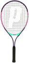 The Prince Ace/Face 25 Junior Tennis Racket in pink features a lightweight frame, black grip, purple frame, pink and teal accents, and a large white "P" logo—ideal for beginner players.